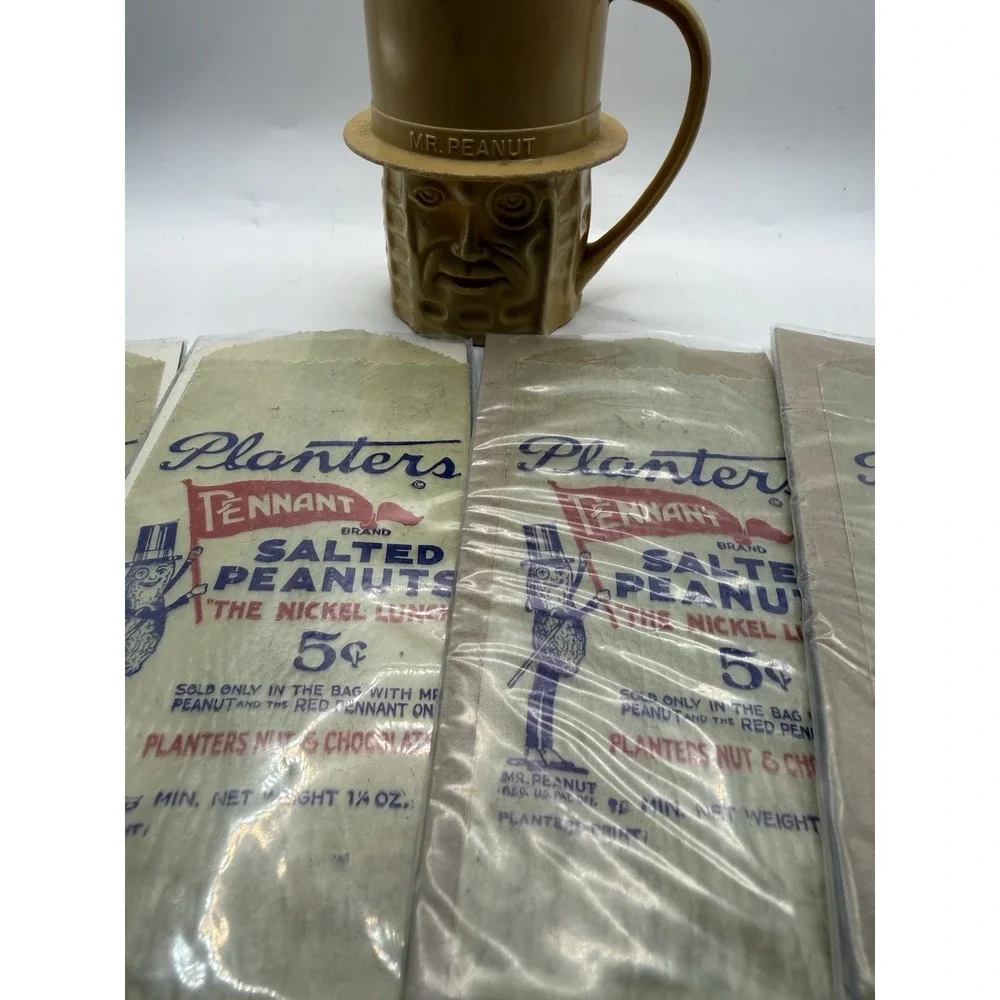 (4) Vintage Planters Mr Peanut Wax Bags Lot 1930s-50s (NOS) + Cup & Stirrer